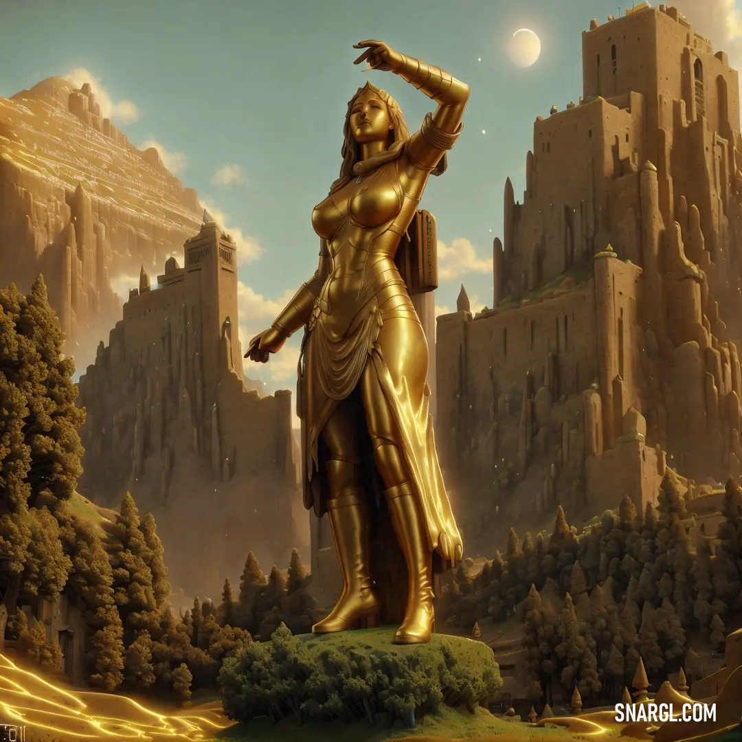 Golden statue of a woman in front of a castle with a moon in the sky above her head