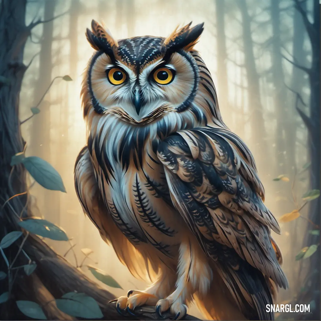Painting of an owl on a branch in a forest with leaves and trees in the background