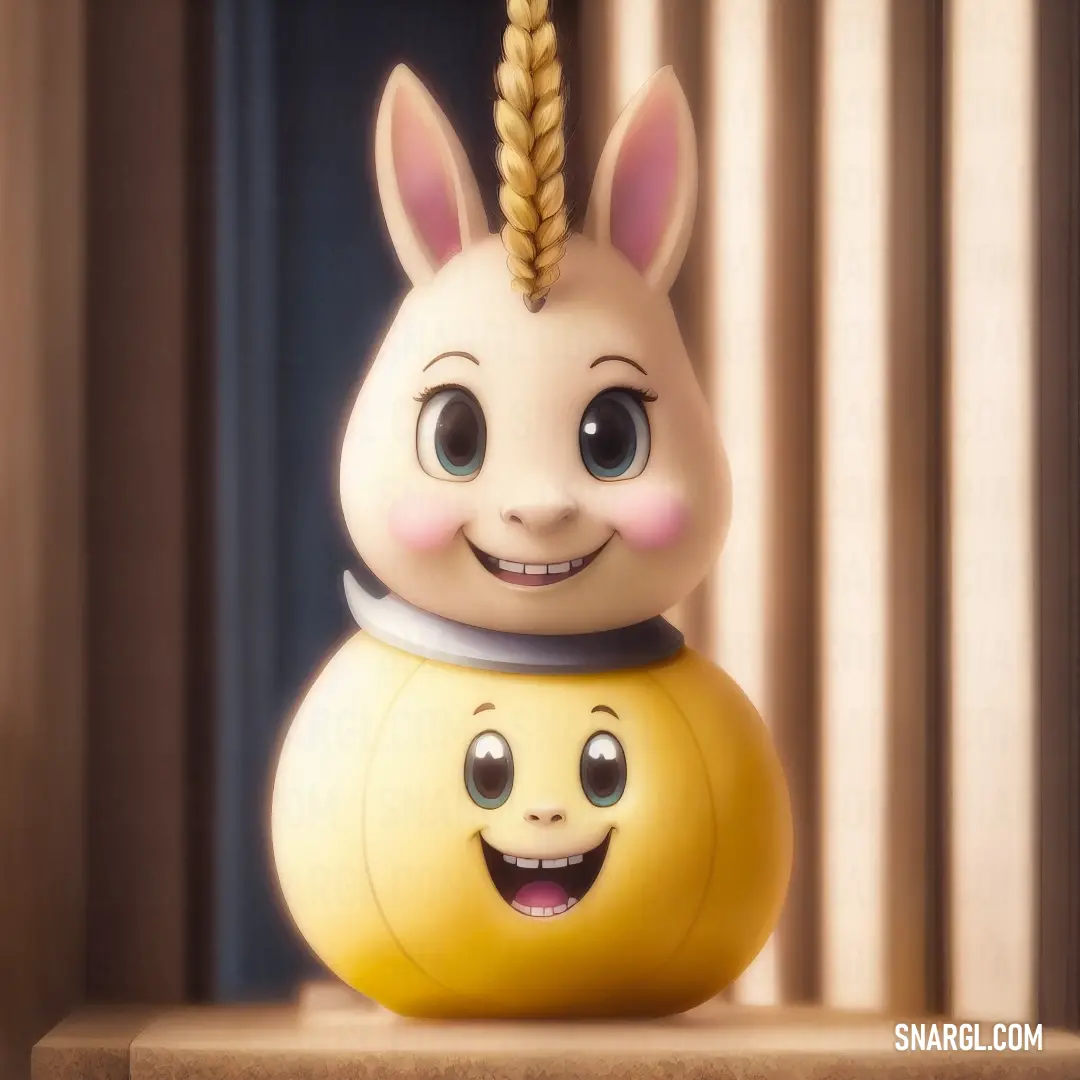 Toy with a smiling face and a bun on top of it's head