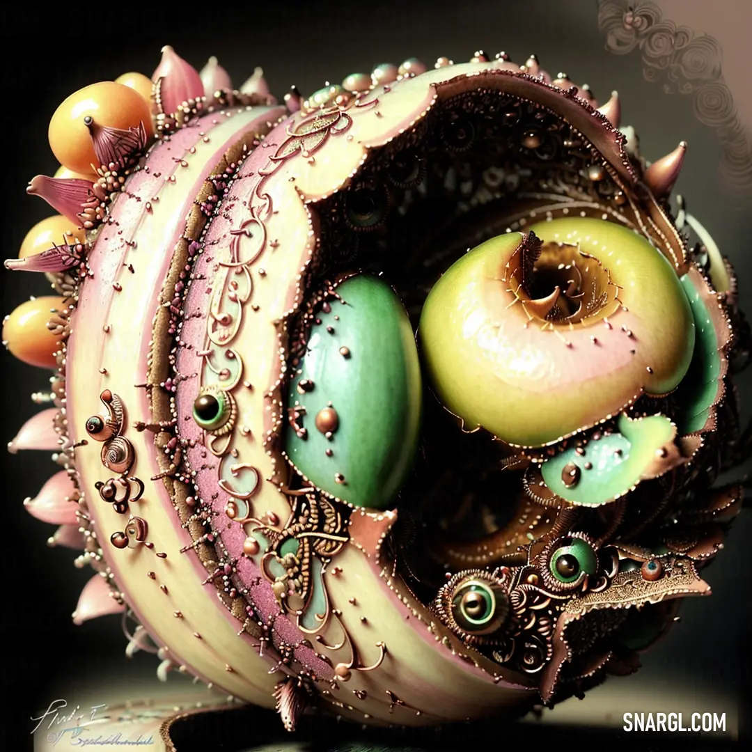 Wheat color. Close up of a sculpture of a snail with a green eye and a pink shell with spikes on it