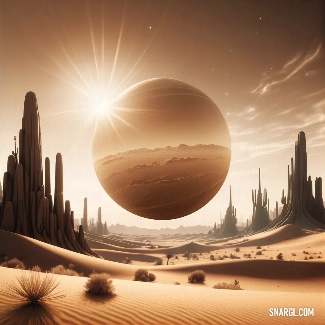 Desert scene with a giant planet in the background. Color RGB 245,222,179.