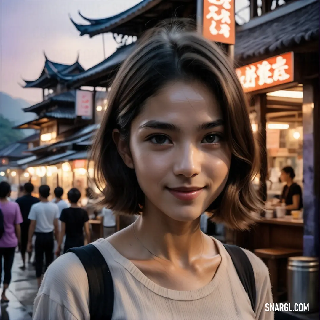 Wheat color example: Woman standing in front of a building with a lot of people walking around it and a sign