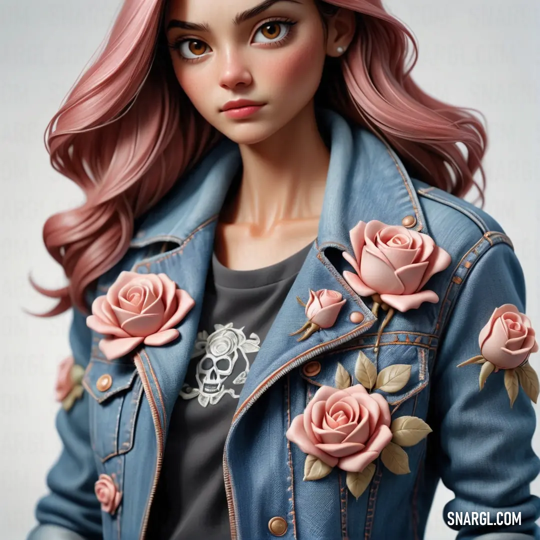 Wheat color example: Woman with pink hair and a denim jacket with roses on it