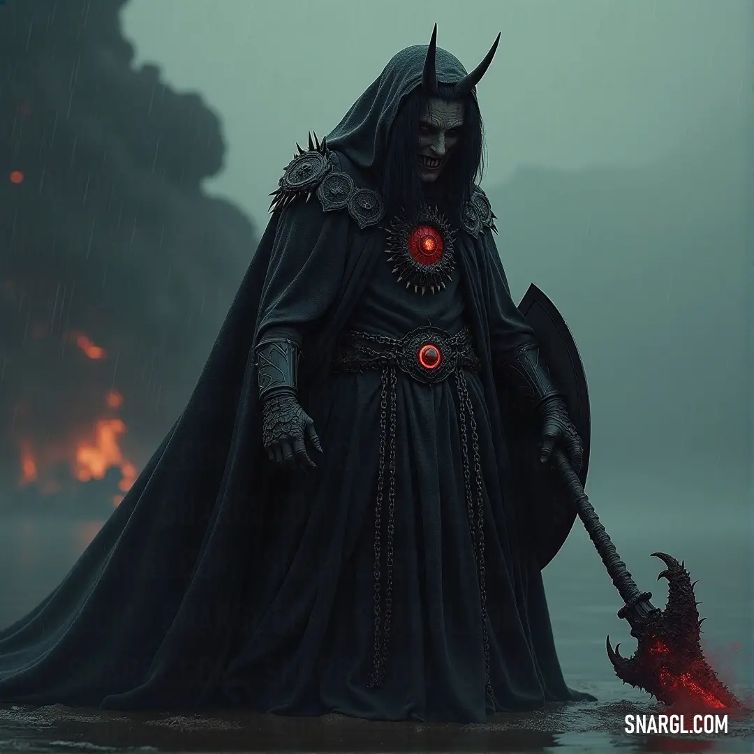 A demonic figure cloaked in black with glowing red eyes stands, his sinister presence commanding attention. His cloak billows in the wind, and an aura of malevolence seems to emanate from him as he stares into the distance.