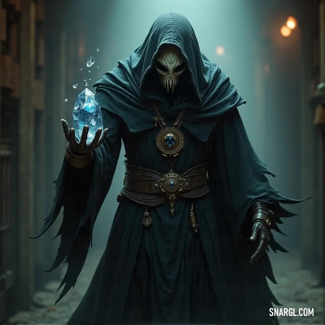 In a dimly lit alley, a hooded figure gazes into a crystal ball, the glowing light illuminating his surroundings and revealing the strange forces at work in the dark. A hooded figure stands in a dark, narrow alleyway, the faint light above casting an otherworldly glow on his face as he holds a crystal ball in his hand. Shadows move around him as if drawn to the sphere's mysterious power.
