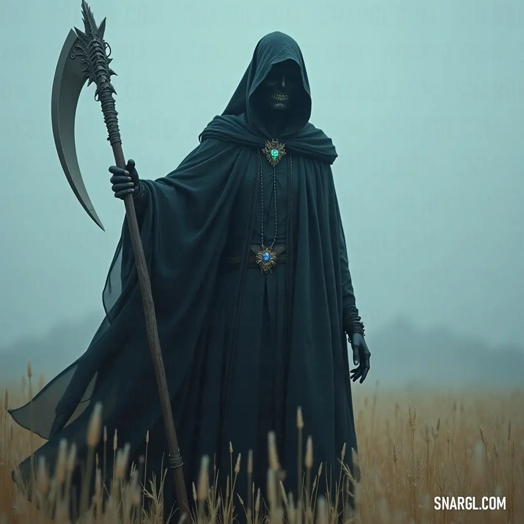 The enigmatic White Lady stands solemnly, draped in a deep hooded robe, firmly grasping an ornate sceptacle that hints at her mystical powers, surrounded by a world of shadow and intrigue.