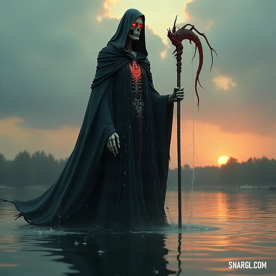 In the reflective waters at sunset, a skeleton in a flowing black robe clutches his staff, as a spectral White Lady appears amidst brilliant red hues, creating a mesmerizing blend of life, death, and eternal mystery. A skeletal figure draped in a black robe stands knee-deep in the tranquil waters at sunset, gripping a staff. In a mystical scene, the red silhouette of the White Lady emerges behind him, blending eerily into the dramatic colors of the twilight.