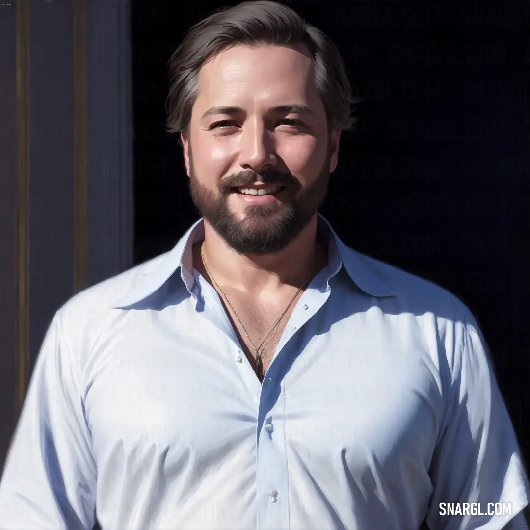 Man with a beard and a white shirt is smiling at the camera with his eyes closed and his hands folded