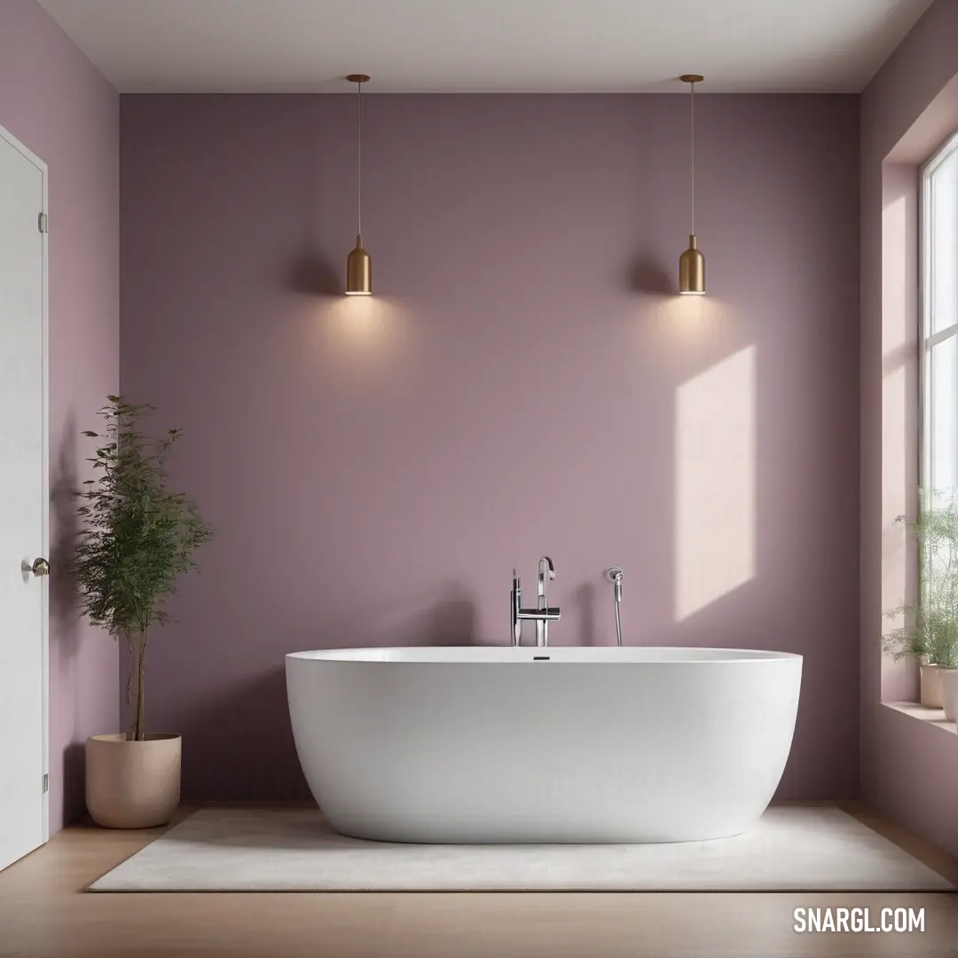 White color. Bathroom with a bathtub and a potted plant in it and a window with a view of the outside