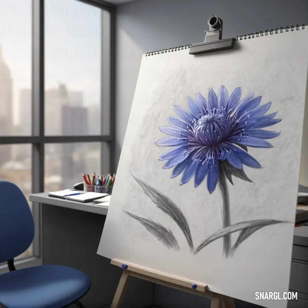 Blue chair is next to a large painting of a flower on a easel in an office space. Color White.