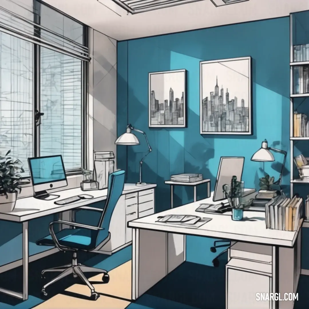 Drawing of a room with a desk and a chair and a computer monitor and a laptop on a desk. Example of #FFFFFF color.