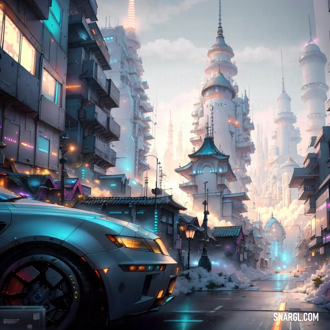 Futuristic city with a futuristic car in the foreground