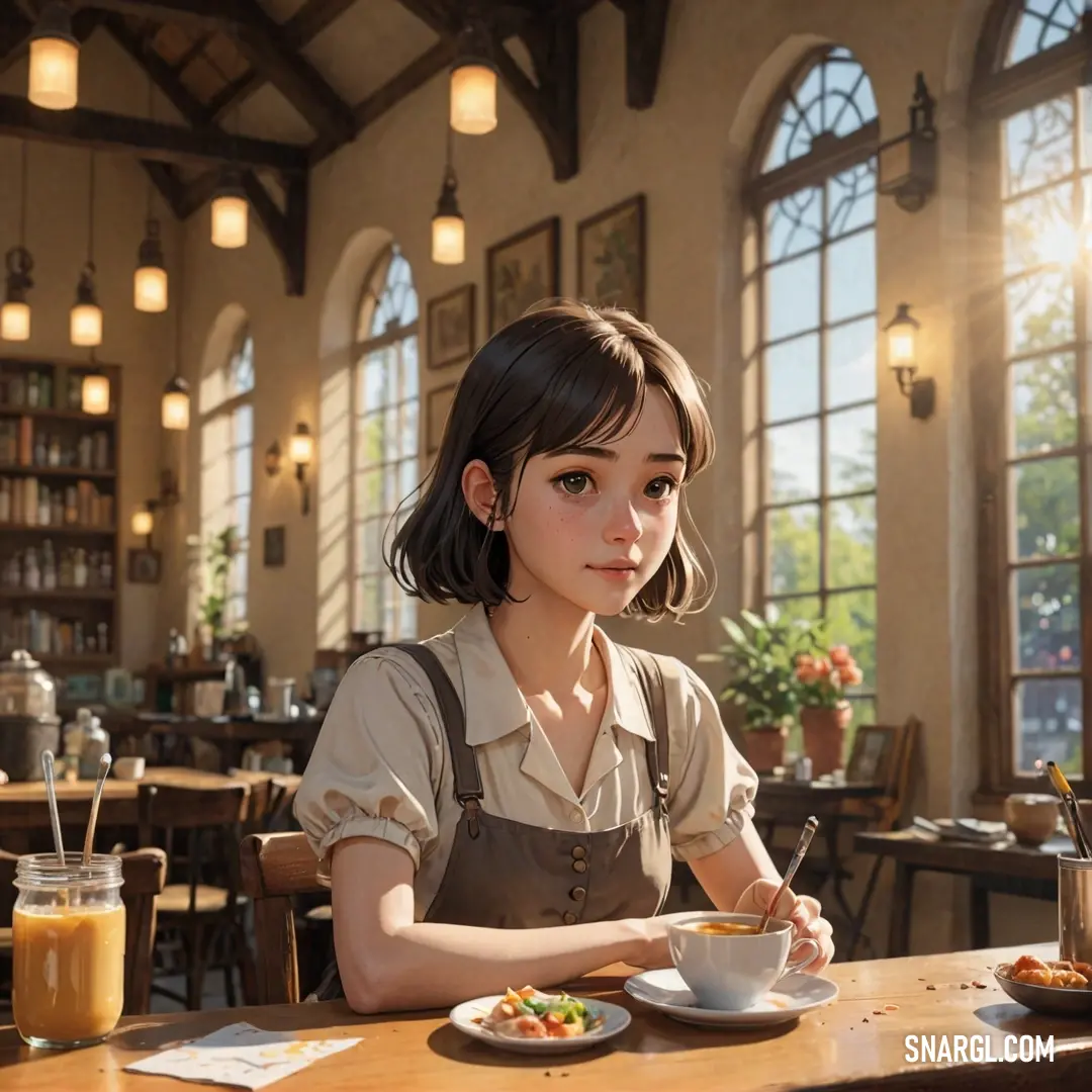 A young girl sits at a charming table, excitedly eyeing a colorful bowl of food in front of her. Her bright smile reflects her delight and innocence in this warm and inviting setting full of joy.