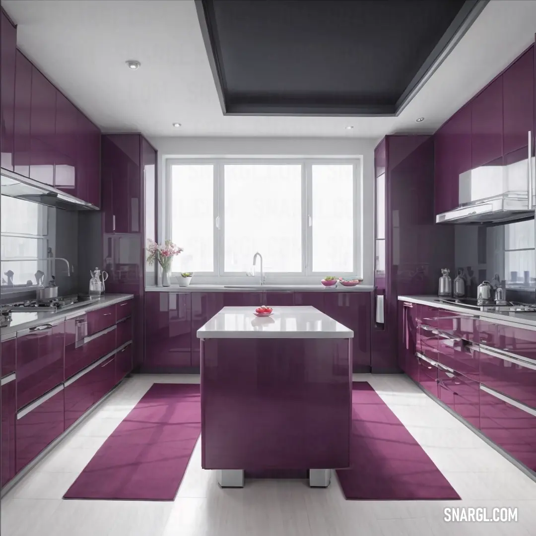Kitchen with purple cabinets and a white counter top and a purple rug on the floor and a window. Color White.