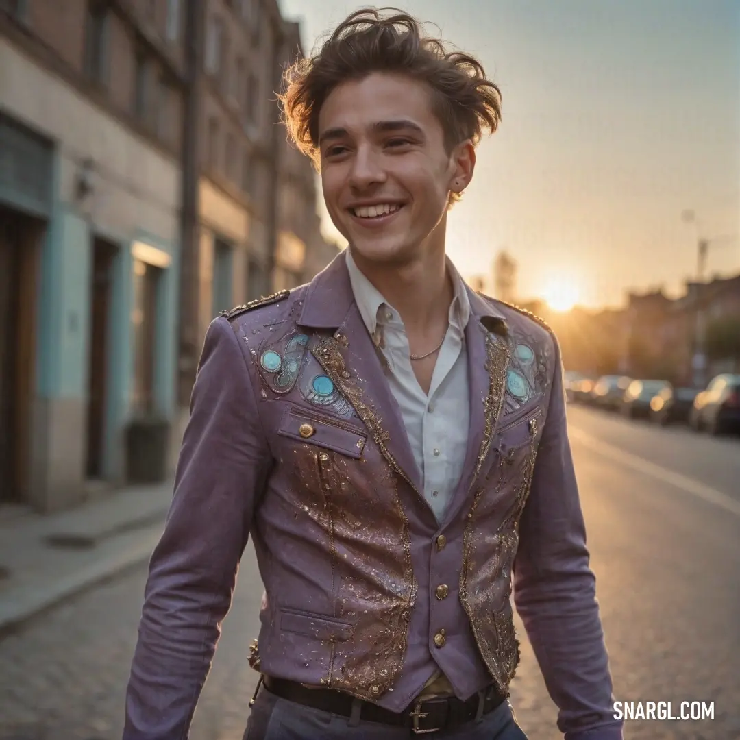 A jovial man in a stylish purple jacket beams at the camera while standing on a lively street corner, the striking color of his jacket paired with modern architecture surrounding him, creating an inviting and vibrant atmosphere.