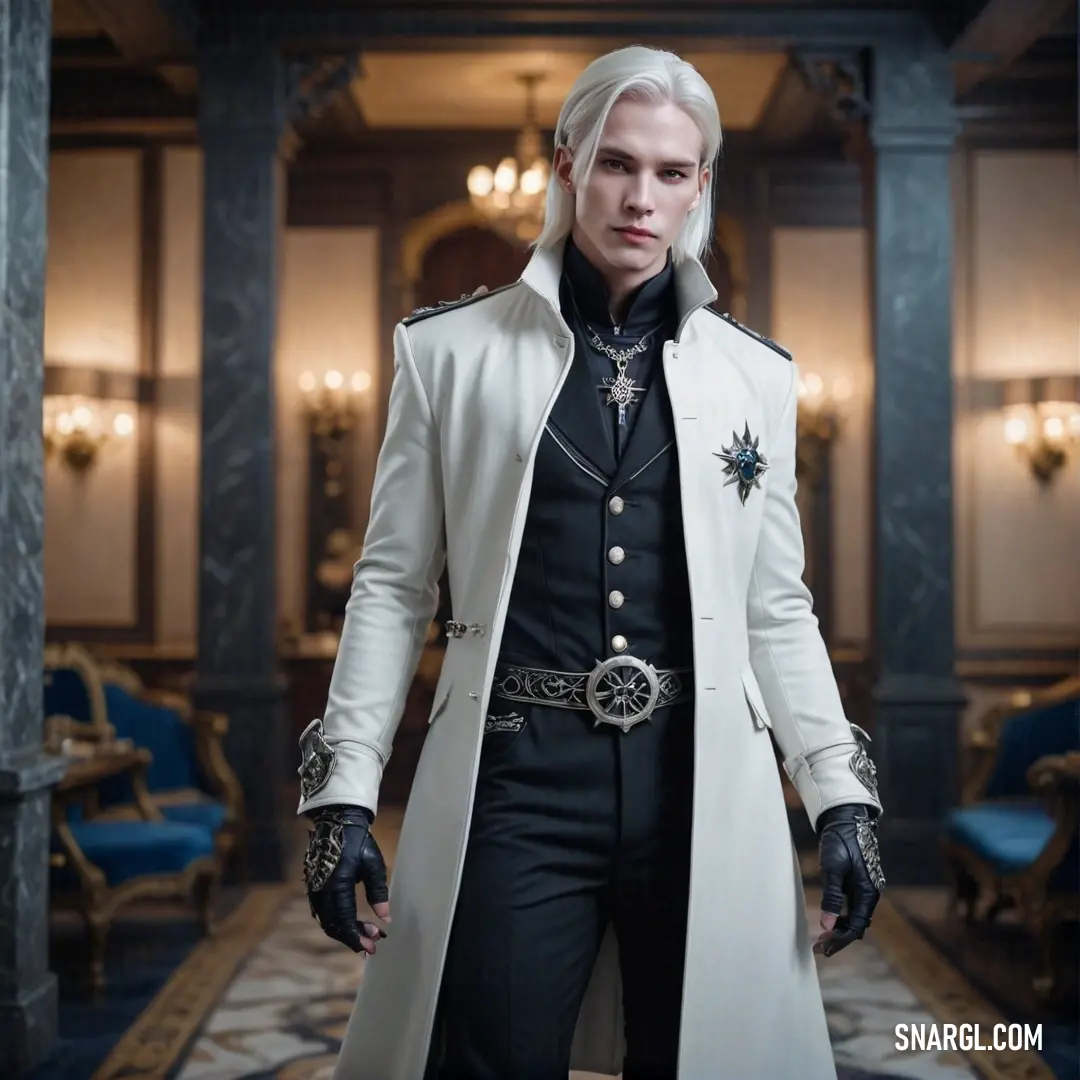 A man dressed in a white coat and black pants stands in a lavish room under ornate chandeliers. The grandeur of the space, coupled with the man's sophisticated outfit, creates an aura of elegance and refinement.