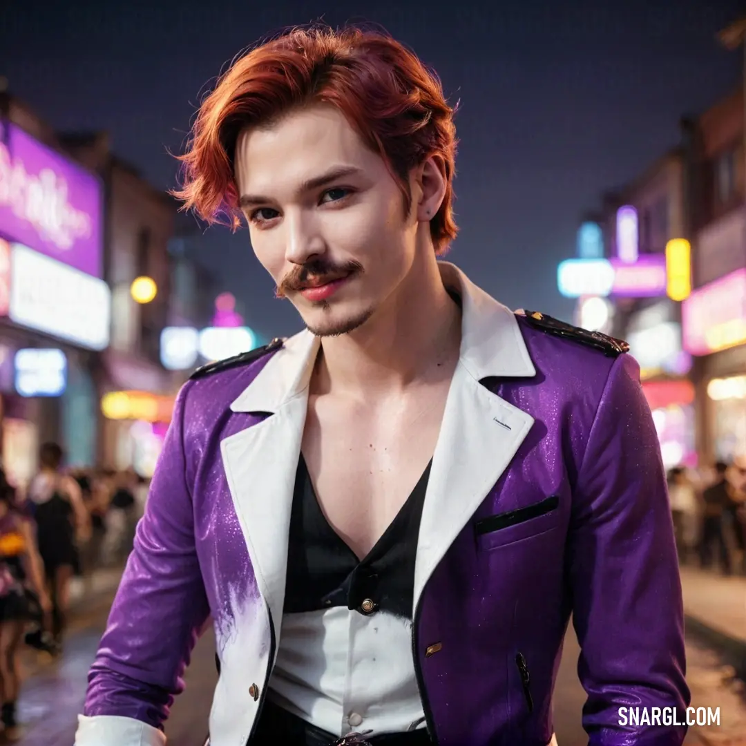 A man with a mustache, dressed in a stylish purple jacket, walks down a lively street at night. The dark atmosphere is filled with colorful lights and silhouettes of people, creating a mysterious, yet inviting vibe.