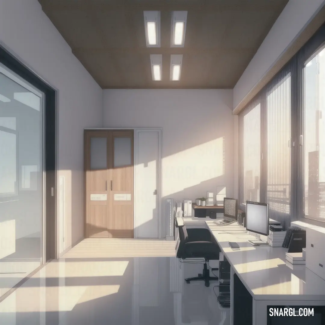 Room with a desk and a computer on it with a lot of windows and a door in the background