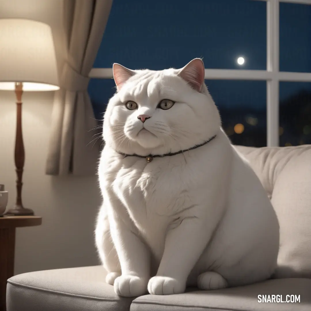 White cat on a couch in front of a window at night with a full moon in the sky. Color RGB 255,255,255.