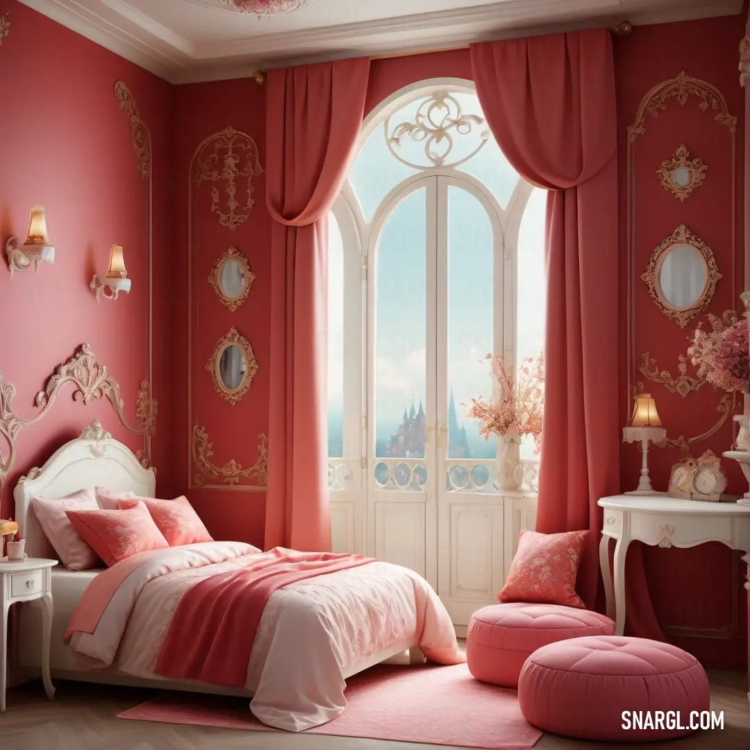 Bedroom with a pink bed and a pink chair and ottoman in front of a window with a view of the city. Example of White color.