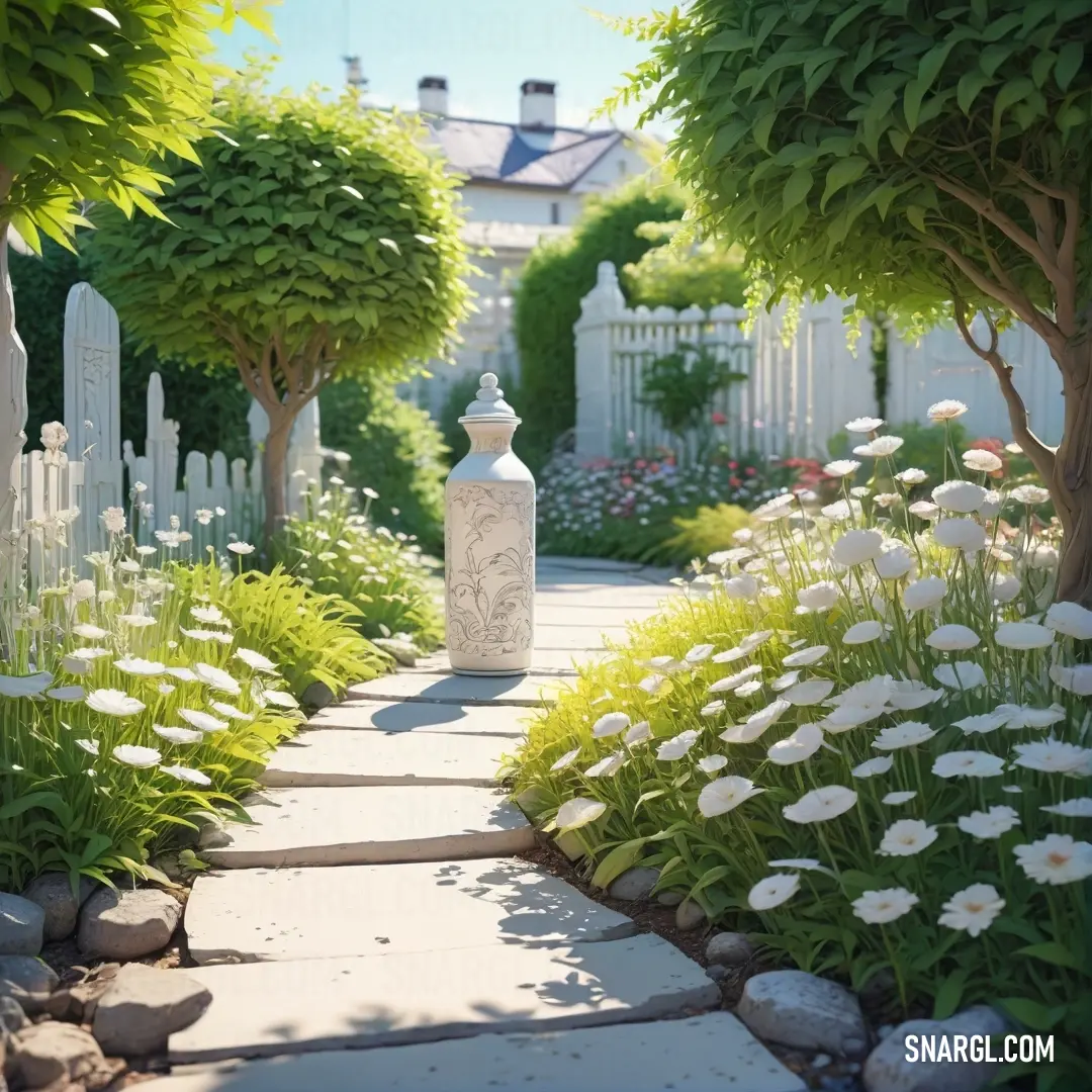Garden with a path between two trees and a white fence with flowers on it and a white vase in the middle. Color CMYK 0,0,0,0.