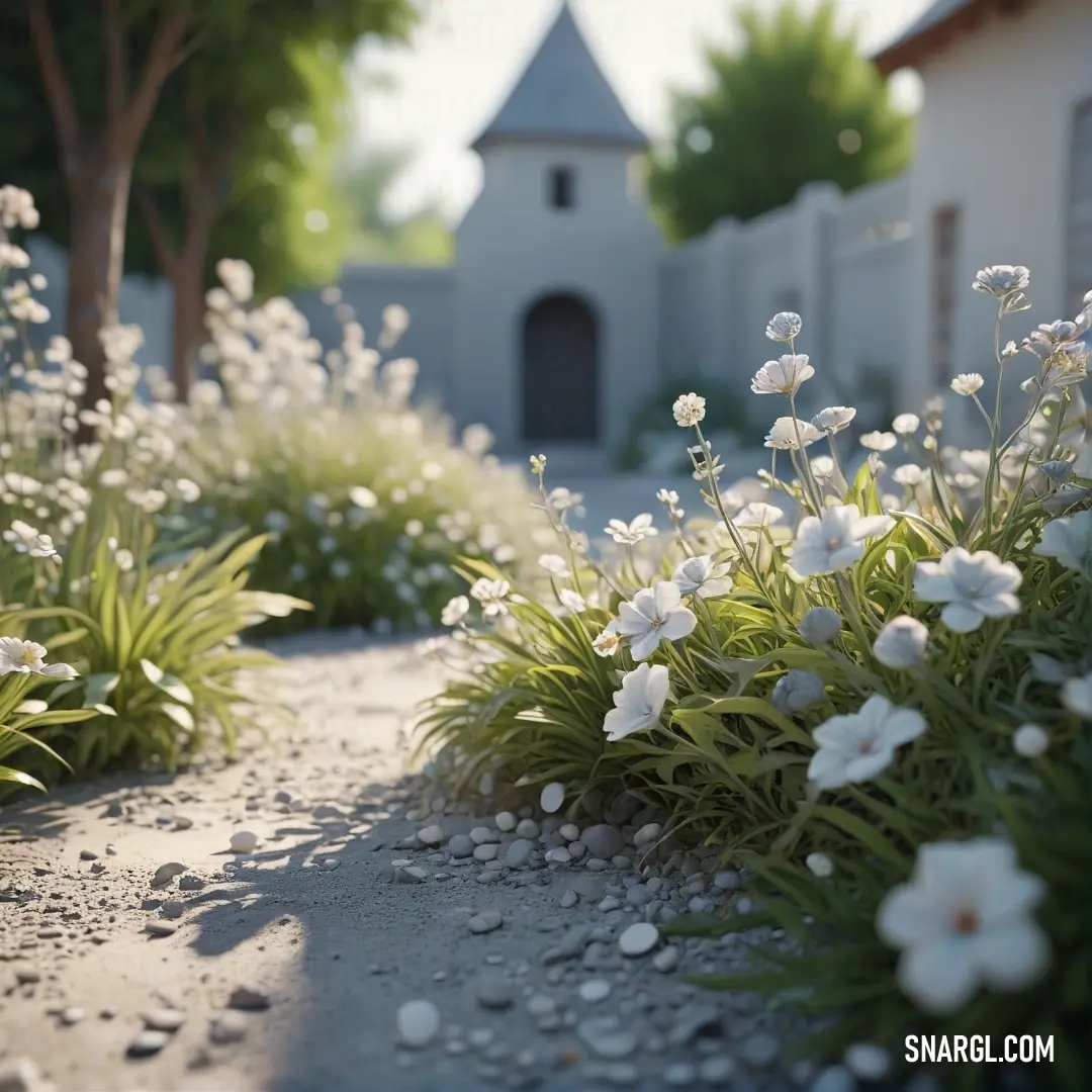 Garden with white flowers and a church in the background. Color CMYK 0,0,0,0.