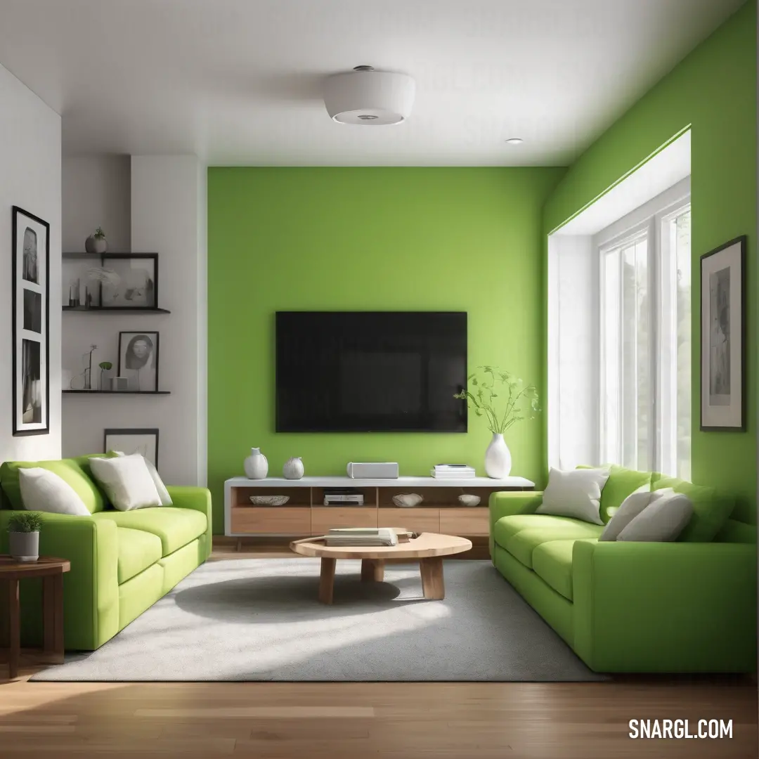 Living room with a green couch and a television on a wall above a coffee table. Color #FFFFFF.