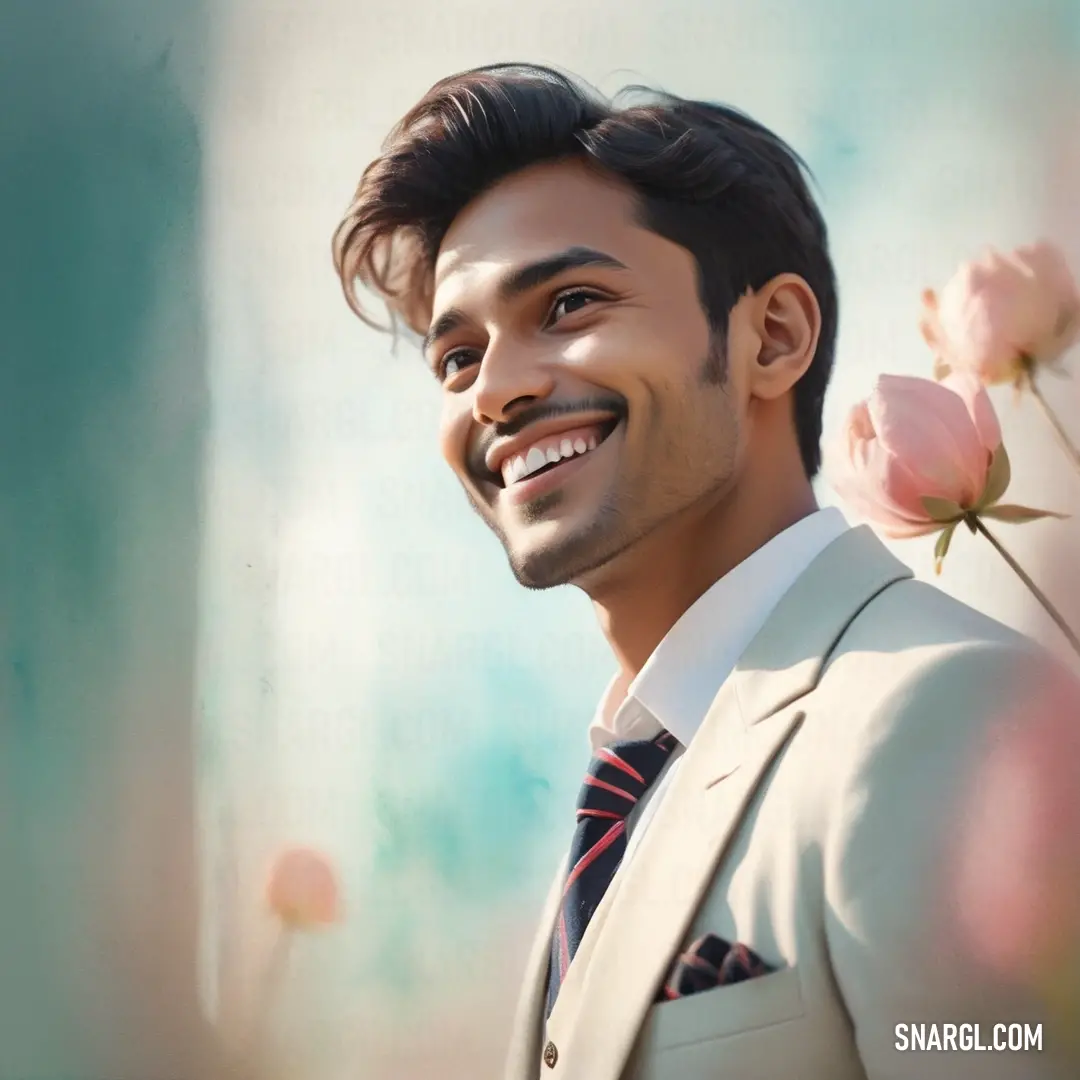 A man in a sharp suit and tie smiles at the camera, holding a delicate flower in his hand. The bright blue background contrasts beautifully with his elegant appearance, evoking feelings of joy and refinement.