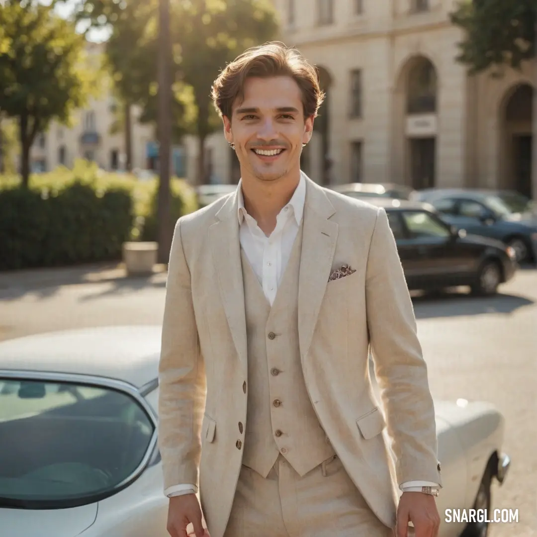 A well-dressed man stands beside an elegant car on an urban street, with a striking modern building providing a stunning backdrop. His polished suit reflects sophistication and style.