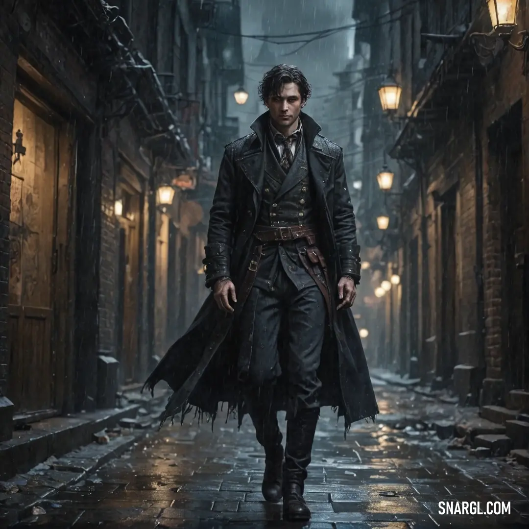 A mysterious figure dressed in a classic trench coat walks along a rainy street, illuminated by the warm glow of a lantern perched atop his head, adding a touch of intrigue to the overcast atmosphere.