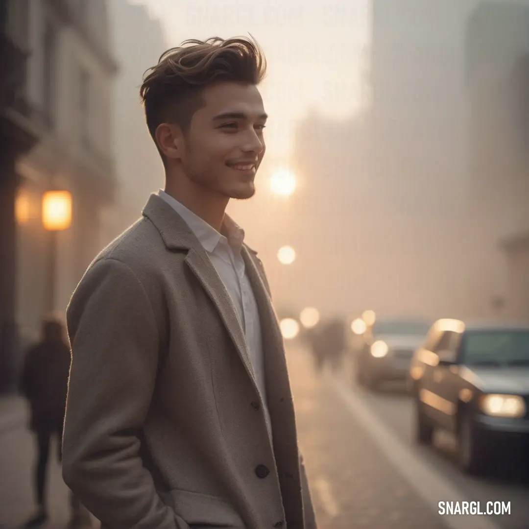 A poised man stands on a bustling street, flanked by a vintage car and a striking building, bathed in the soft glow of a streetlight, creating a warm yet dynamic city scene.