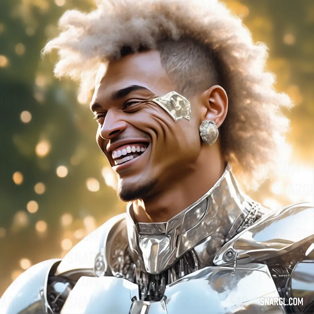 Man with a mohawk and a metal armor smiling at the camera with a smile on his face. Example of White color.