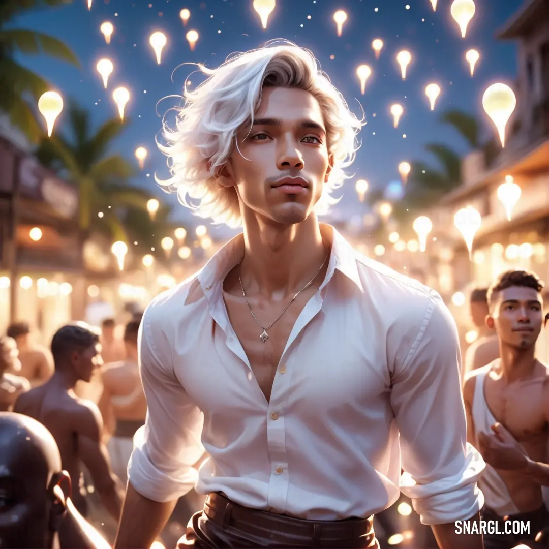 A man with striking white hair and a white shirt stands confidently in front of a lively crowd. Colorful balloons float around, adding a joyful and celebratory tone to the moment, while the man's calm demeanor stands out.