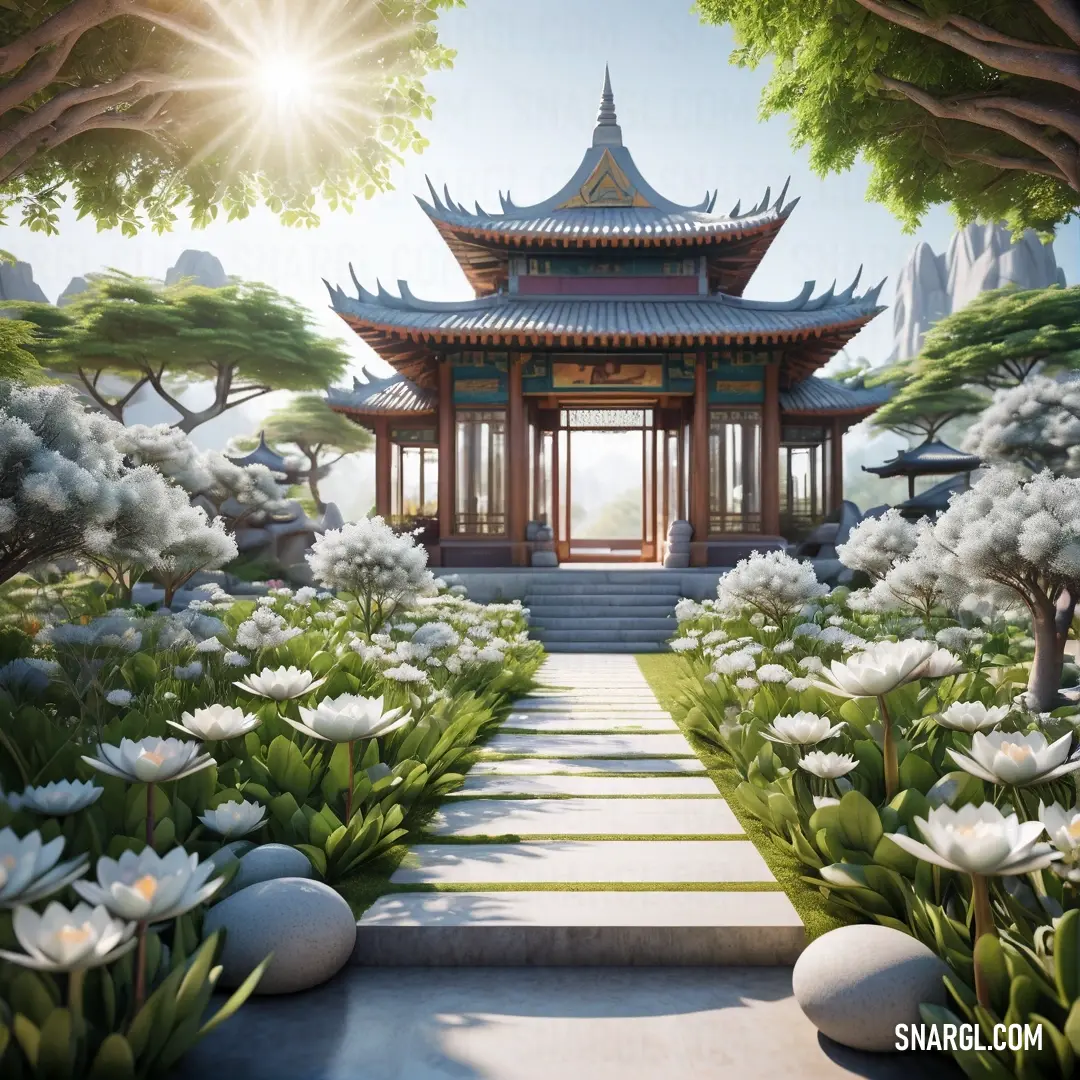 Painting of a pagoda surrounded by flowers and trees with a path leading to it. Color White.