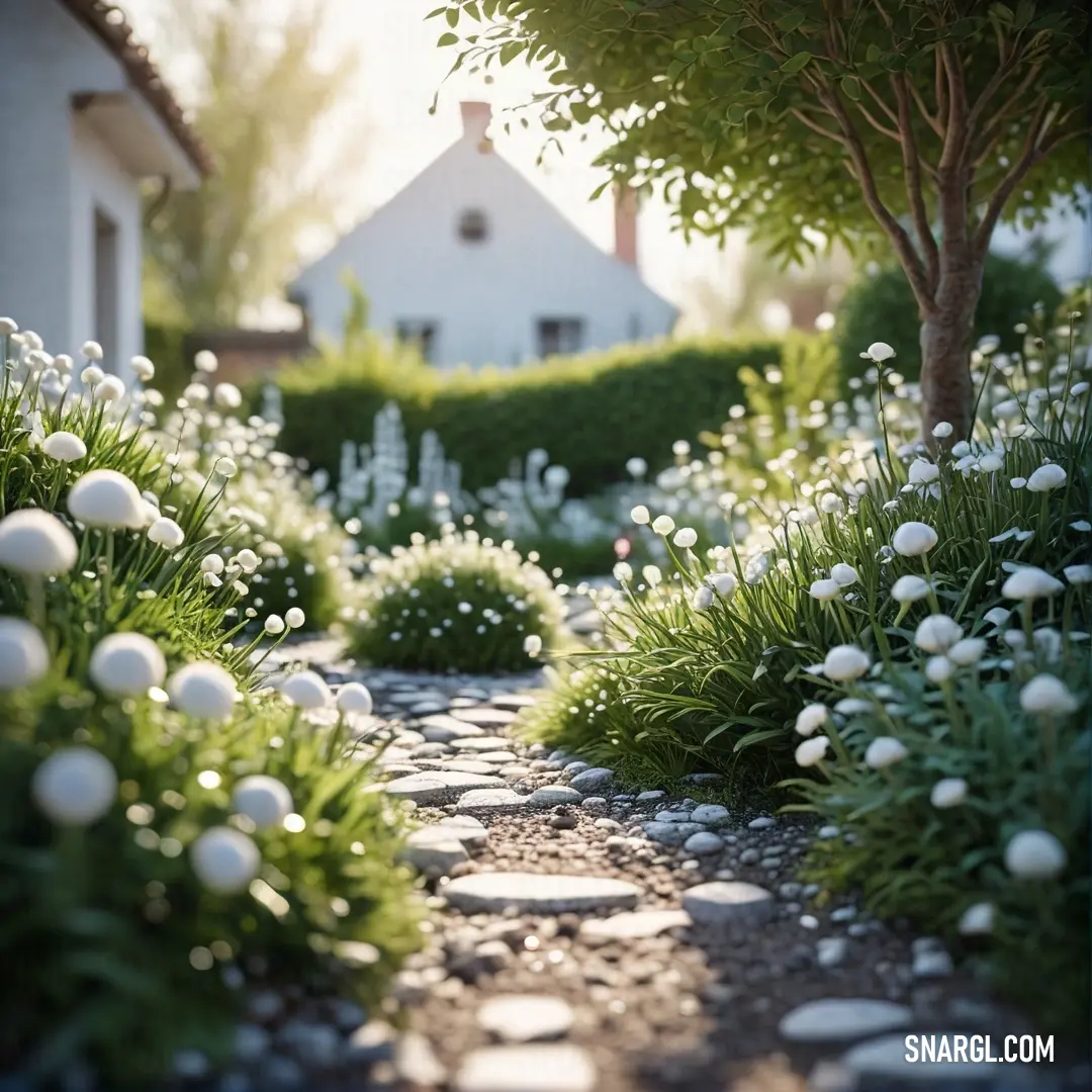 Path with white flowers and a house in the background. Example of RGB 255,255,255 color.