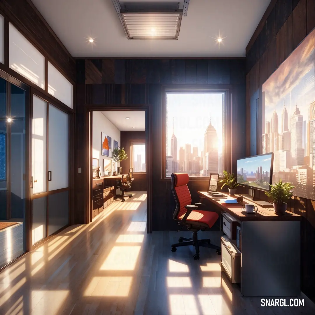 Room with a desk, chair and a large window with a city view in the background. Example of #FFFFFF color.