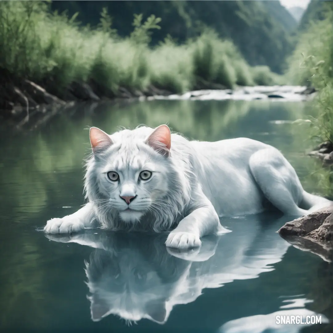 White cat laying in a river with a reflection of it's face in the water and trees in the background. Example of White color.
