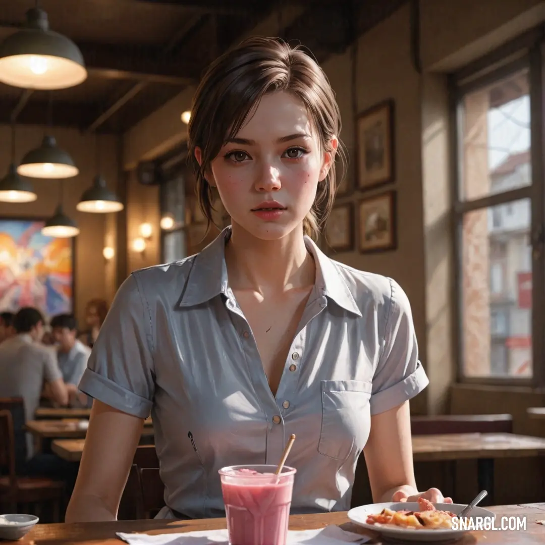 At a cozy table, a woman sits with a delicious plate of food and a refreshing drink, exuding contentment in her tranquil moment. The inviting setting hints at delightful flavors and warm companionship.