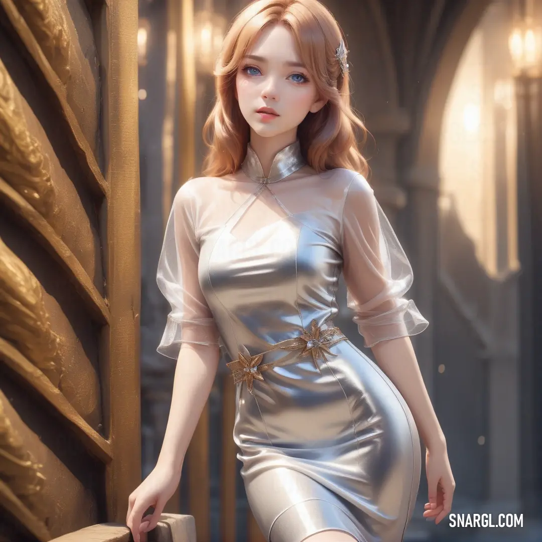 A woman in a shimmering silver dress stands confidently in a hallway, holding a suitcase in one hand and a purse in the other. The soft light highlights her elegant outfit and the pristine white surroundings.