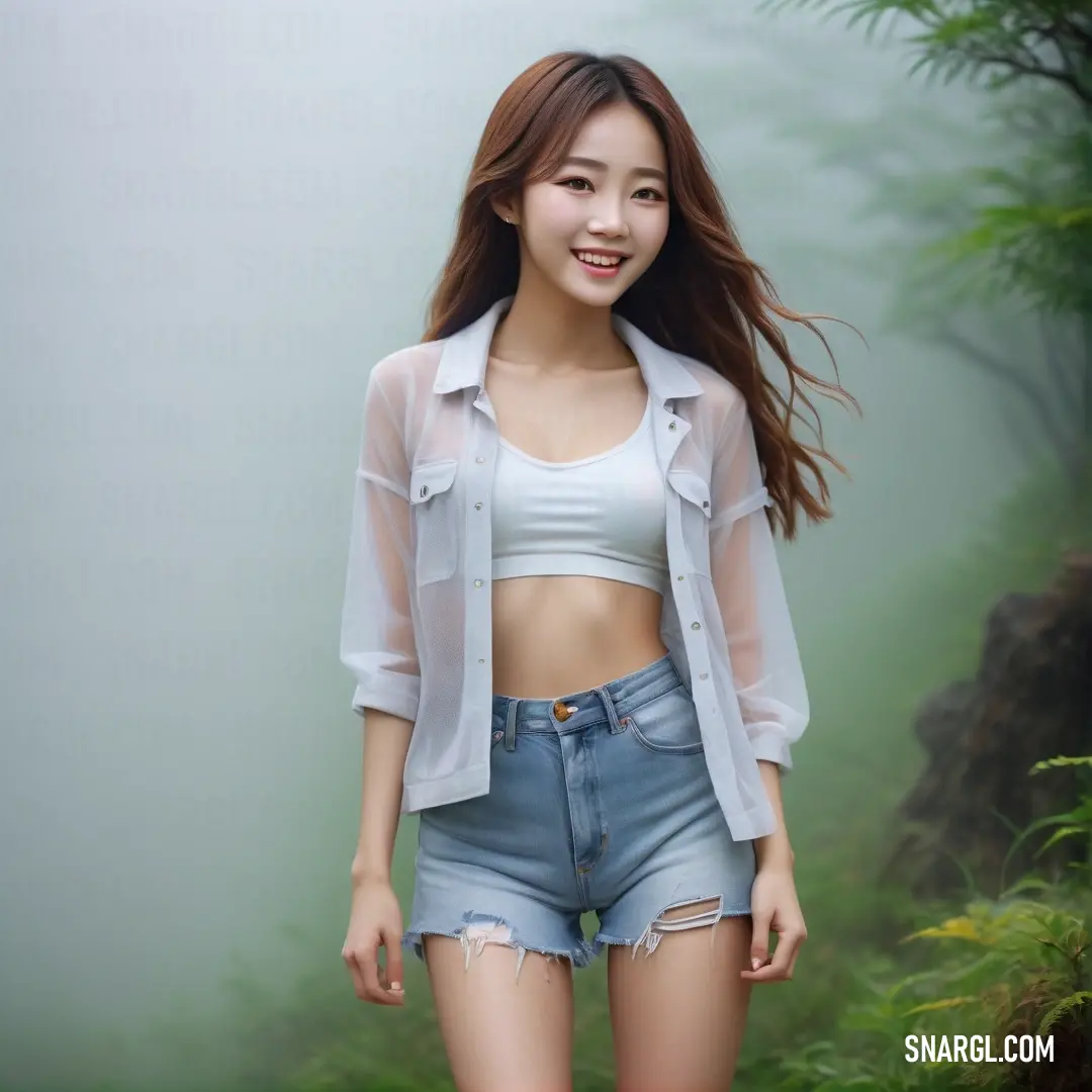 A woman sporting a casual white shirt and jean shorts poses playfully in the woods, surrounded by tall trees and lush greenery. The vibrant foliage creates an enchanting, serene backdrop for her cheerful moment.