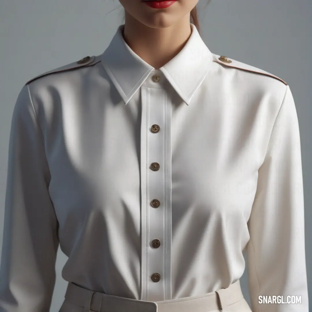 A woman in a white shirt and tan pants, with bold red lipstick, stands confidently, her lips and outfit contrasting beautifully with the neutral tones around her.