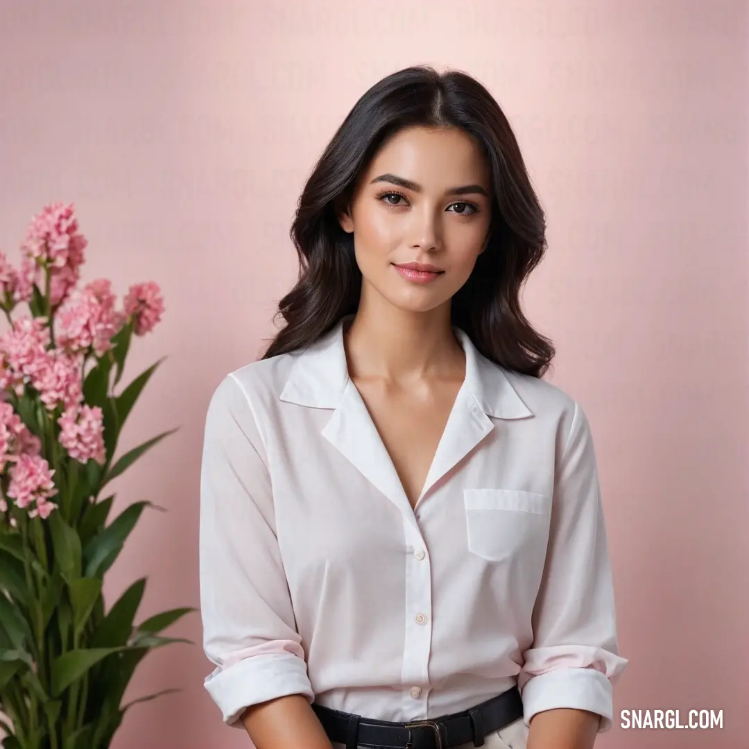 A woman stands in front of a vase filled with vibrant flowers, her figure framed by a soft pink wall. The combination of her presence and the floral arrangement creates a warm, inviting atmosphere.