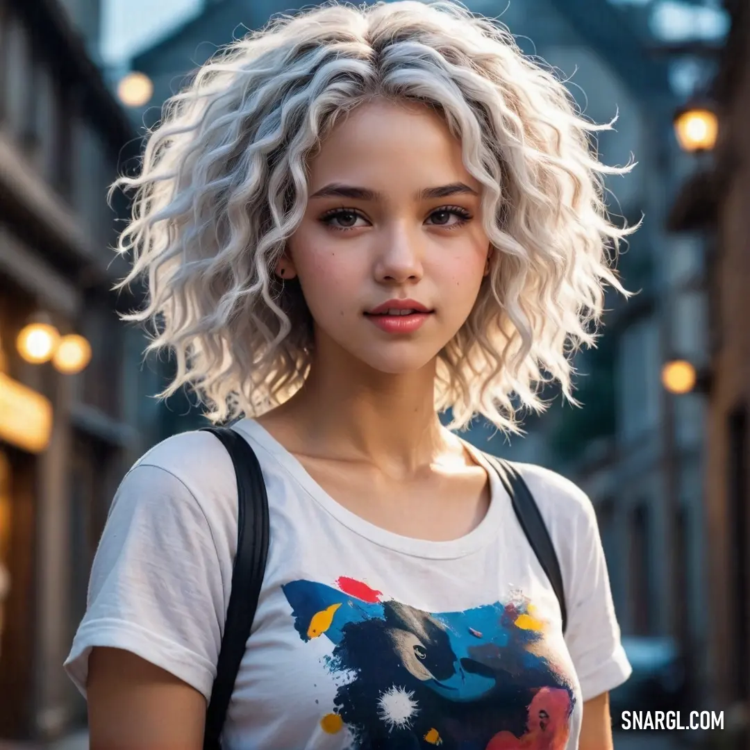 Stylishly dressed in a white shirt and sporting a black backpack, a woman poses confidently on a bustling street. The backdrop of urban buildings adds a dynamic flair to her fashionable look and charming smile.