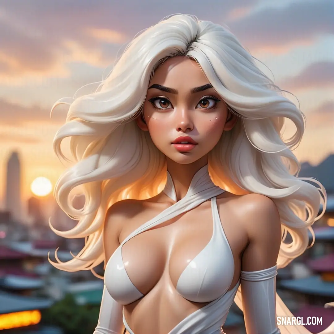 Woman with blonde hair and a white top on a city street at sunset with a city skyline in the background. Color RGB 255,255,255.