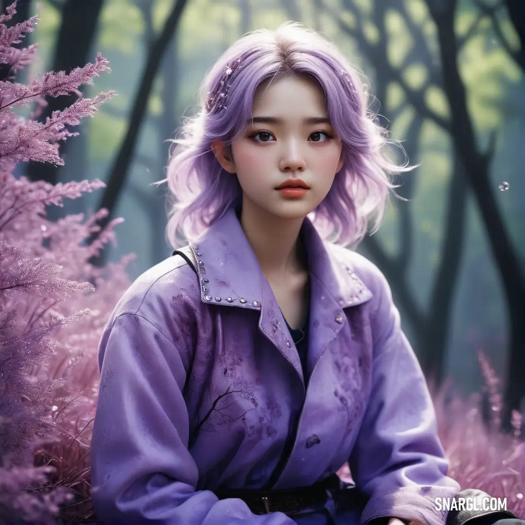 A woman with striking purple hair stands elegantly in a field adorned with colorful flowers, surrounded by a lush backdrop of trees stretching into the horizon. She embodies the beauty of nature and individuality.