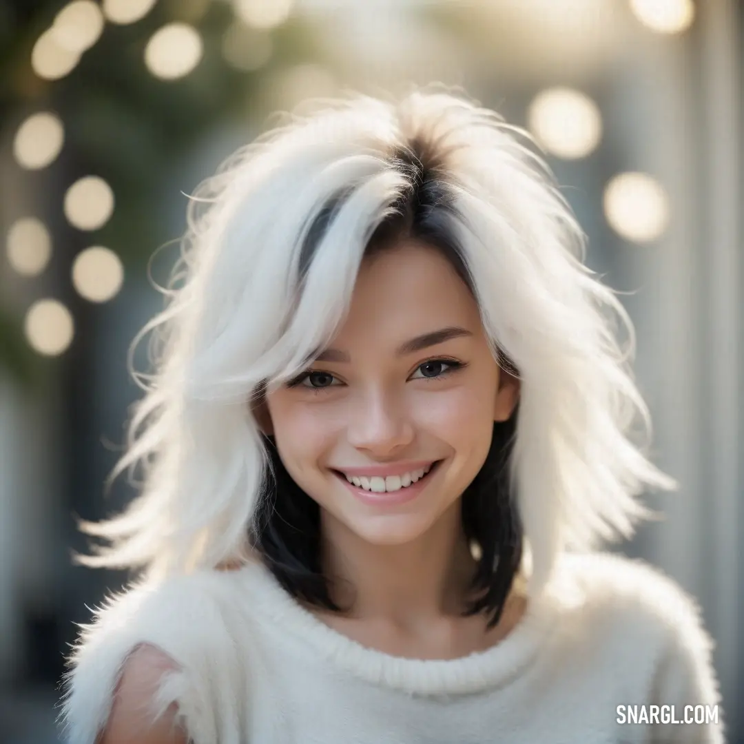 White color example: Woman with white hair and a white sweater smiling at the camera