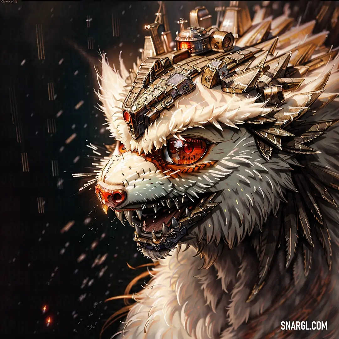 White wolf with a spiked head and spikes on its head is shown in the snow with a city in the background