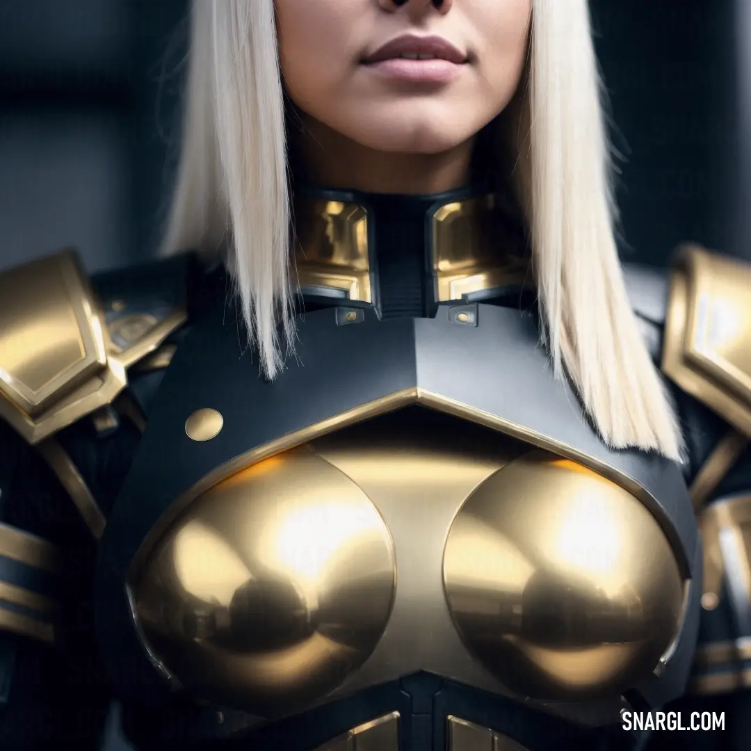 Woman in a costume with a helmet and gold armor on her face and chest