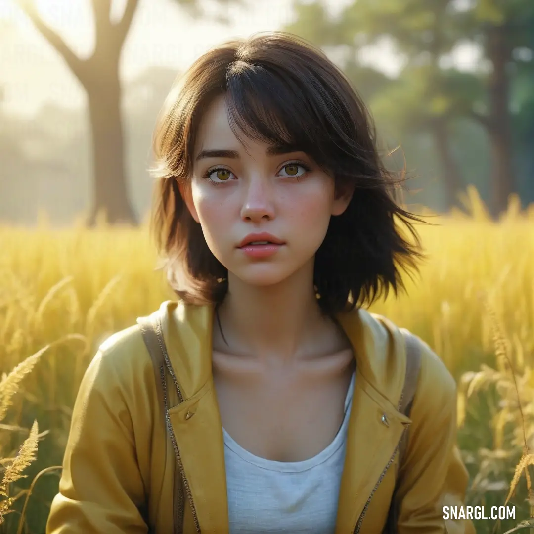 In a field of lush grass, a woman in a striking yellow jacket gazes directly at the camera, her serious expression inviting curiosity. The vivid color of her attire stands out against the tranquil natural backdrop.