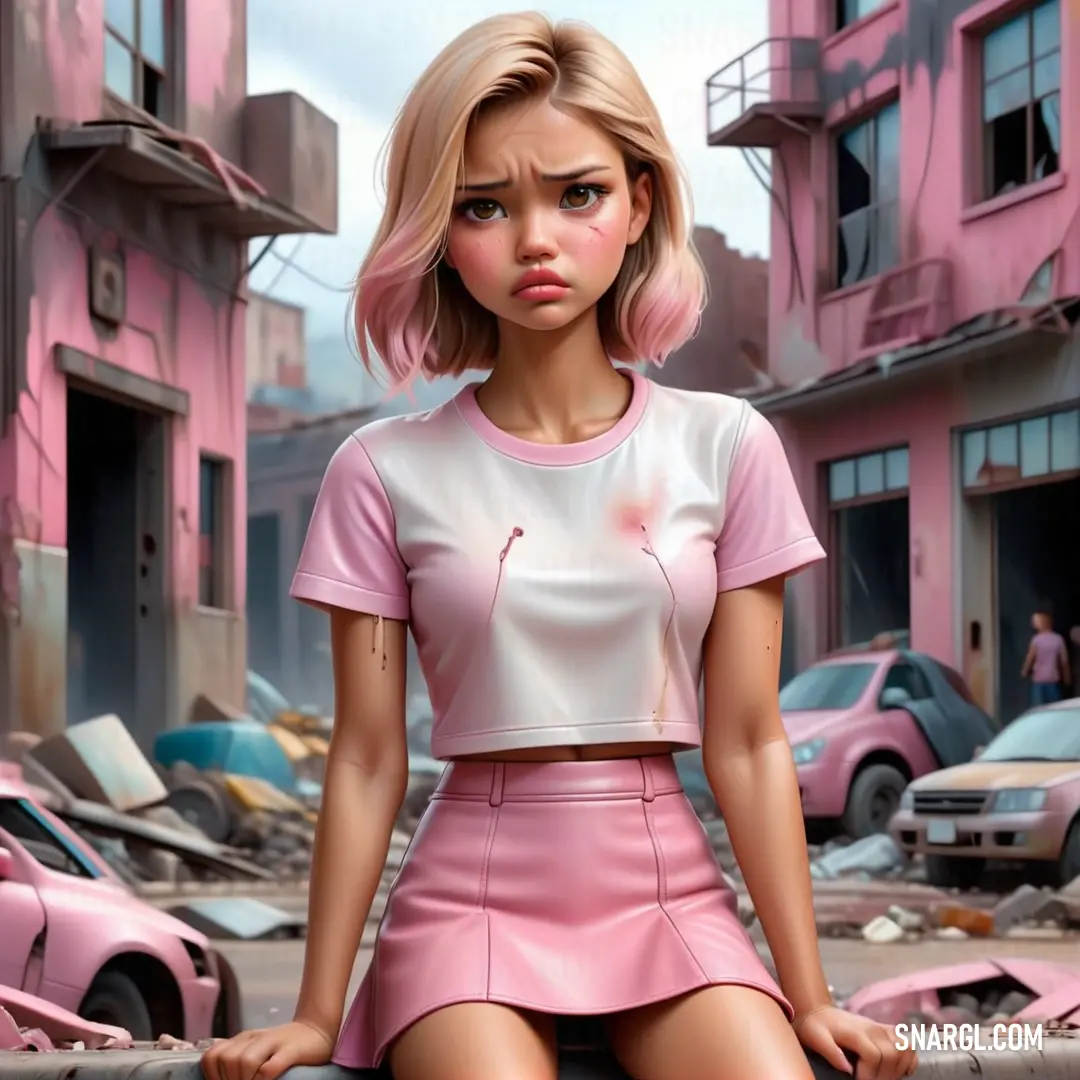 Woman on a ledge in a pink dress in a city with cars and buildings in the background